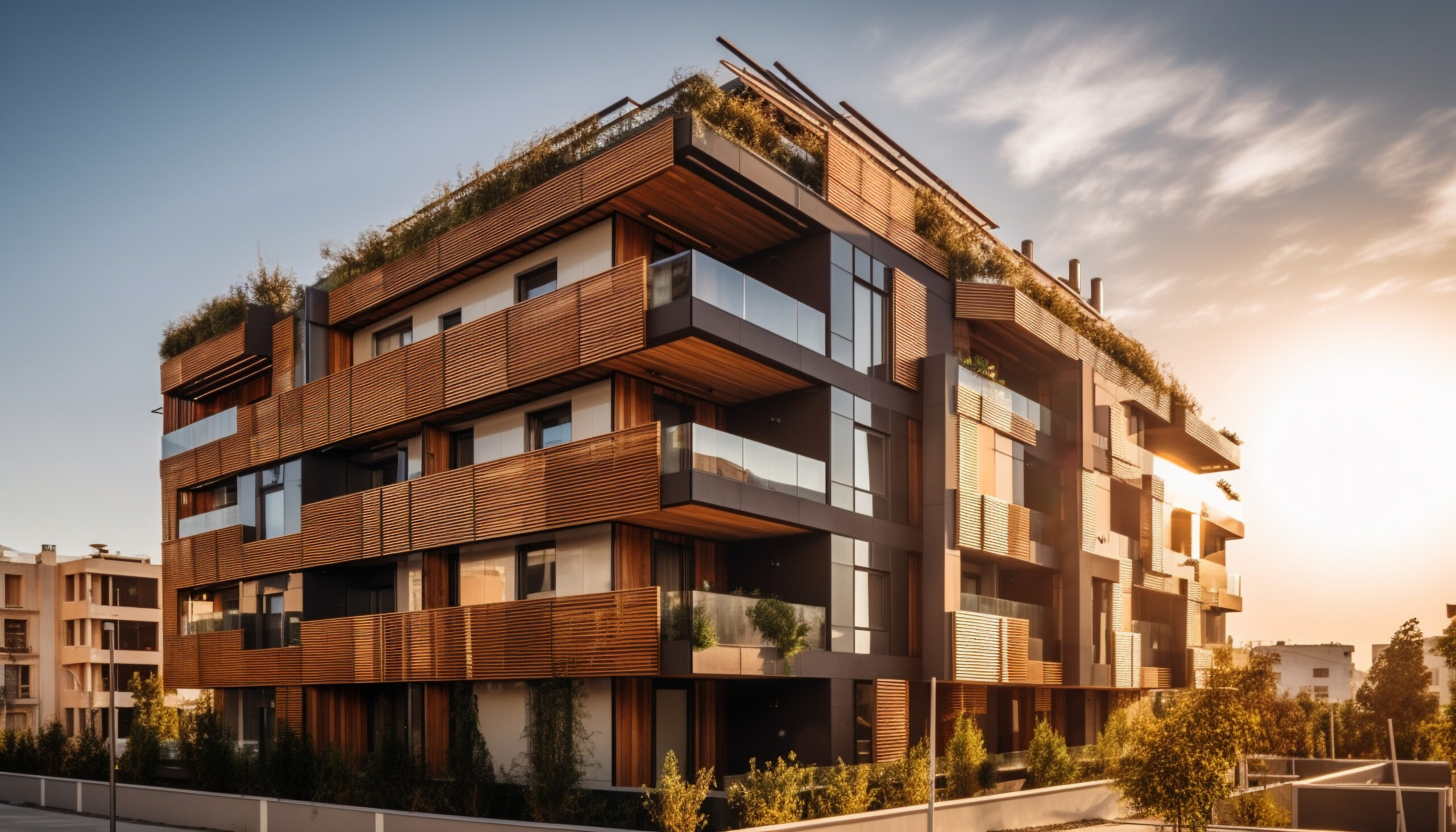 Luxury apartment building with glass facade reflects sunset generated by AI
